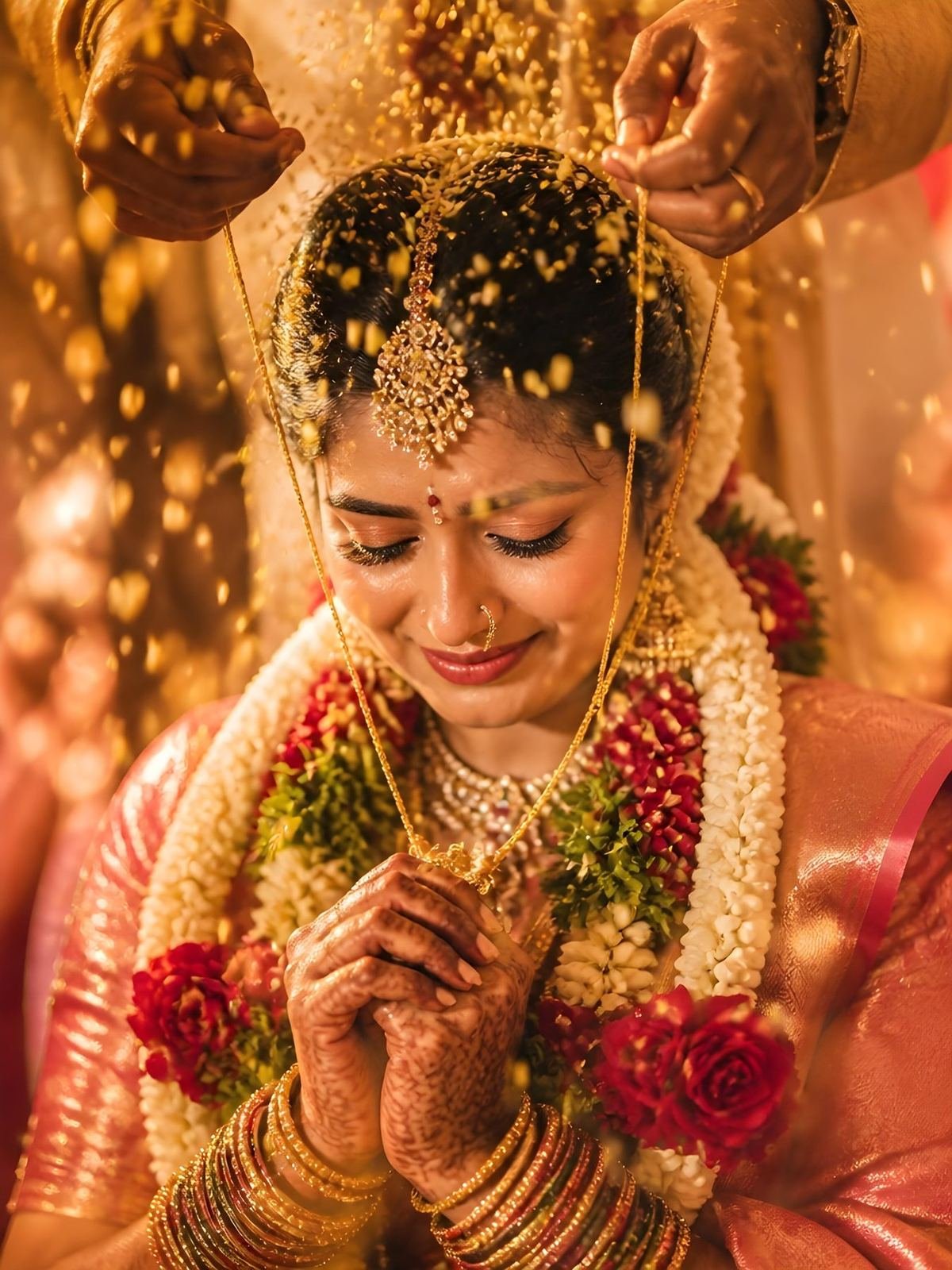 A bride during the sindoor ritual at a South Indian wedding ceremony