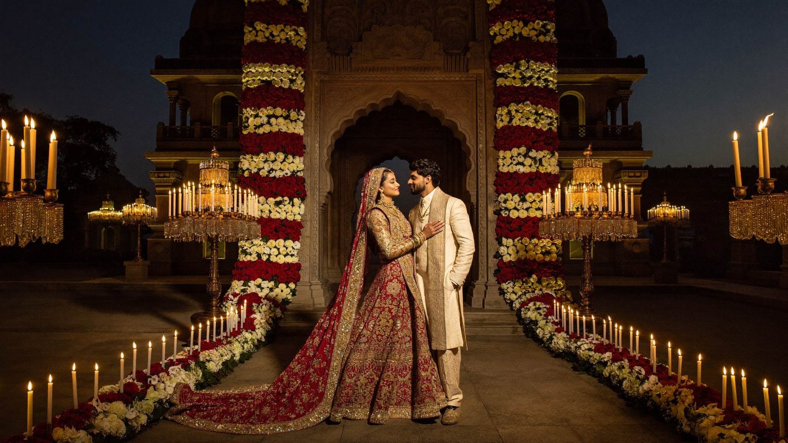 A couple at a grand candle-lit palace mandap during a luxury South Indian wedding in Bengaluru
